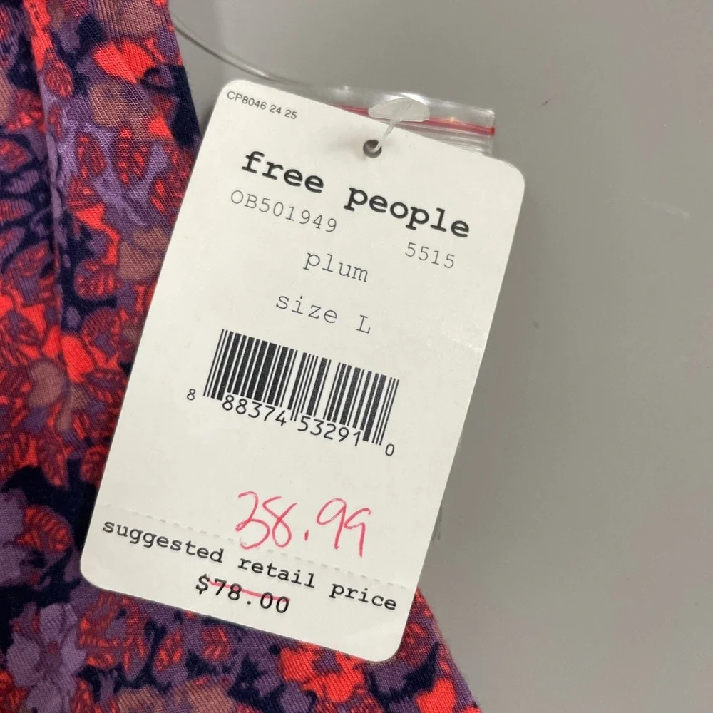 Free People Plum Floral V-Neck Button Front Puff Sleeve Top Retail $78 Womens L